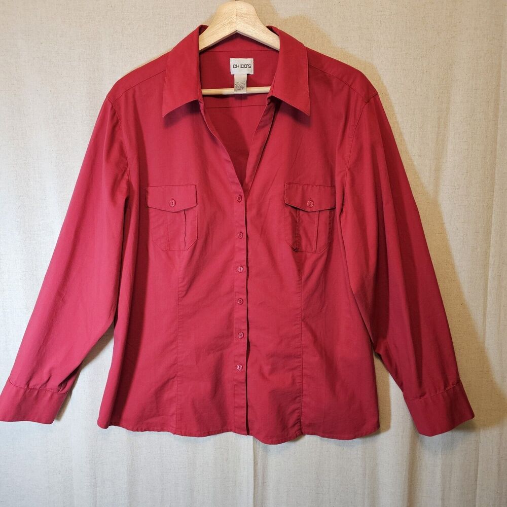 Chico's Women's Red LS Stretch Camp Style Shirt Top W/Pockets Size 3 = XL
